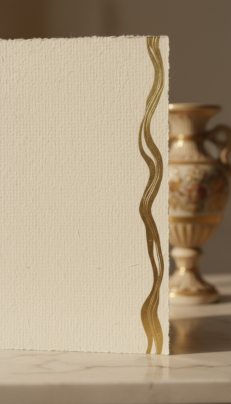 한쪽 가장자리를 따라 섬세한 금박이 있는 질감 있는 종이.