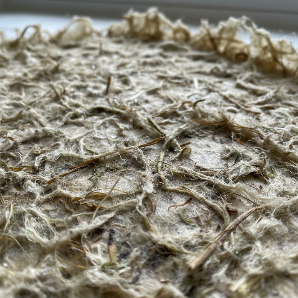 불규칙한 섬유질이 있는 날것의 미완성 종이 펄프 질감.