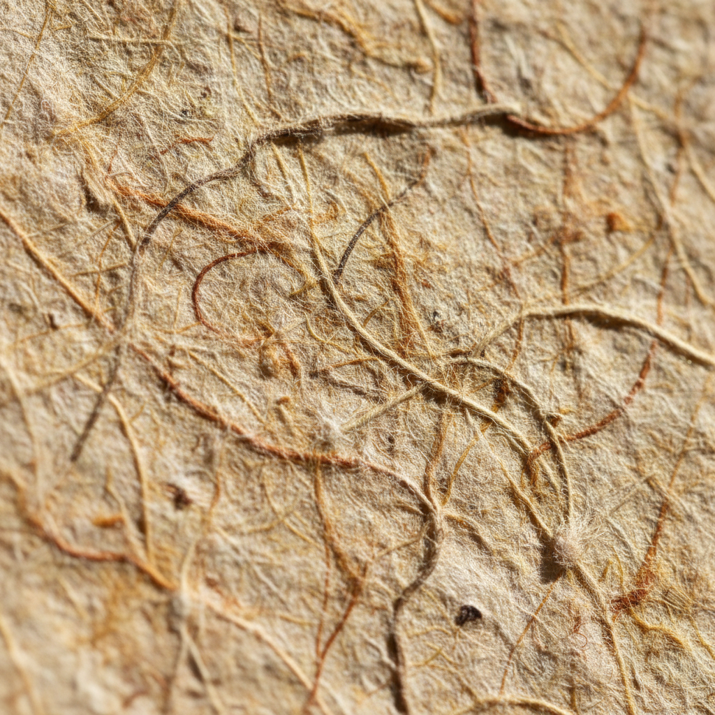 천연광 아래 섬유질이 보이는 소박한 수제 종이 질감.