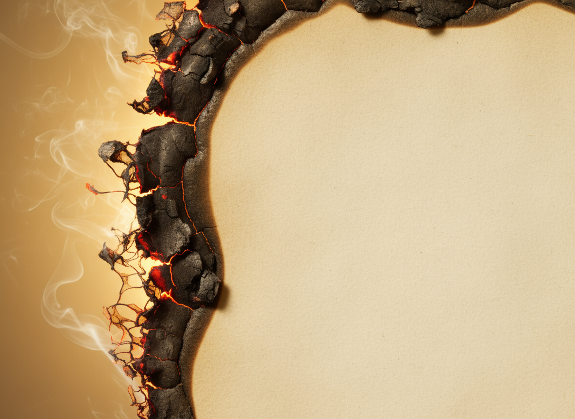 일부 그을리고 불에 탄 종이 가장자리의 클로즈업, 타버린 섬세한 질감이 드러남.