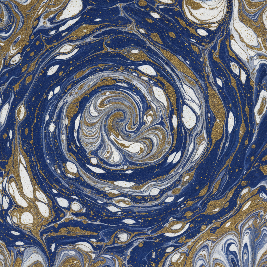 흐르는 페인트처럼 보이는 파란색, 금색, 흰색 소용돌이 패턴의 복잡한 마블링 종이 질감.