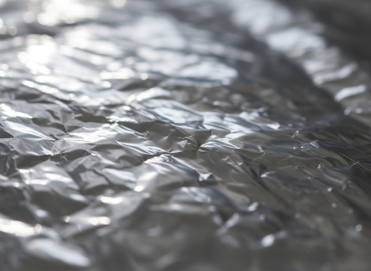 미묘한 표면 불규칙성과 강한 하이라이트가 있는 매우 반사적인 은색 금속 호일 종이 질감.