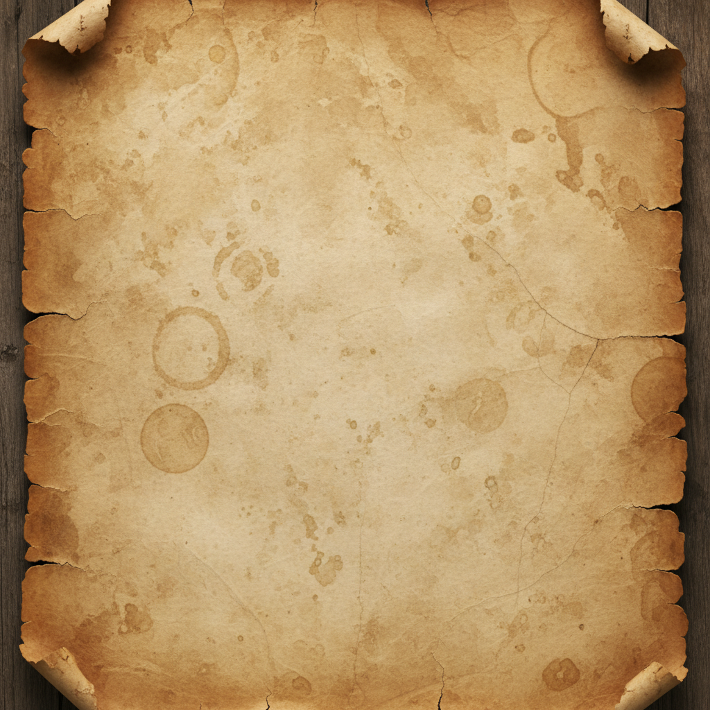 모서리가 고르지 않고 희미한 물 얼룩이 있는 고대 양피지 질감.
