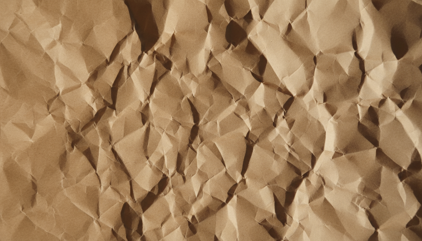 깊은 주름이 있는 구겨진 밝은 갈색 크라프트지 질감.