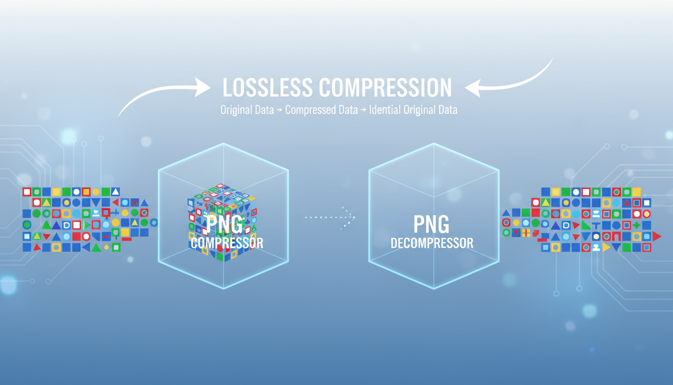 데이터가 투명한 'PNG' 상자로 흘러 들어가고 똑같이 나오는 손실 없는 압축을 시각화한 인포그래픽.