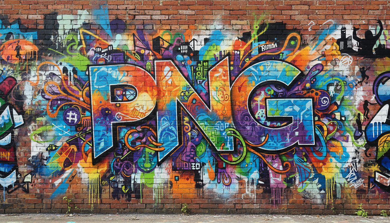 생동감 넘치는, 스타일화된 'PNG' 로고를 묘사한 벽돌 벽의 활기찬 그래피티 벽화.