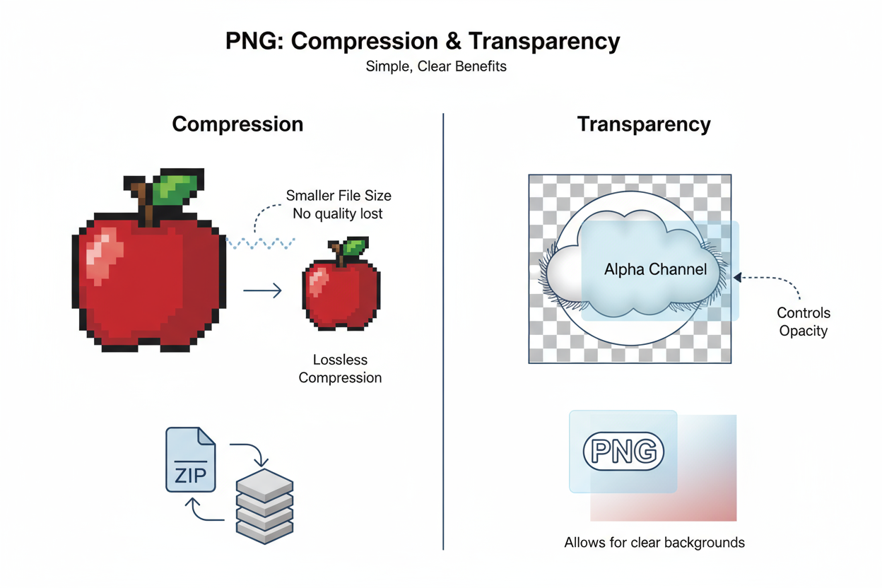 PNG의 압축 및 투명성 기능을 설명하는 인포그래픽 다이어그램.