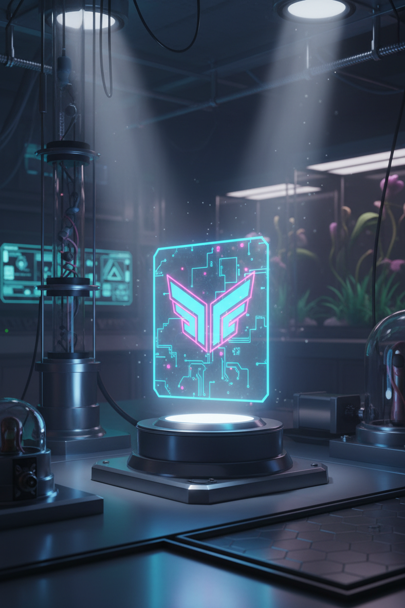 양식화된 PNG 로고를 투사하는 레트로퓨처 홀로그램 디스플레이.