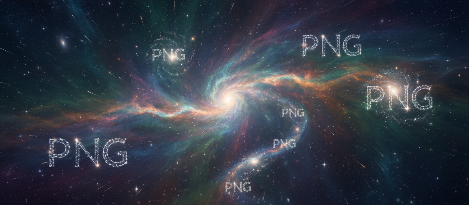 별들로 소용돌이치는 우주 성운 속에서 여러 'PNG' 로고의 희미하고 반짝이는 윤곽이 별자리를 이룹니다.