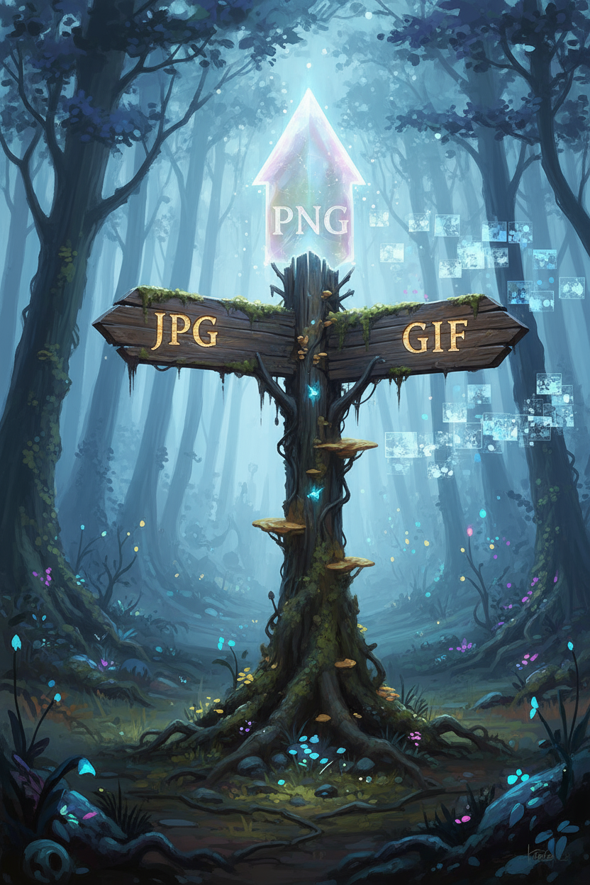 신비로운 숲에 있는 오래된 나무 이정표, 그 중 하나는 투명하고 반짝이는 'PNG' 화살표입니다.