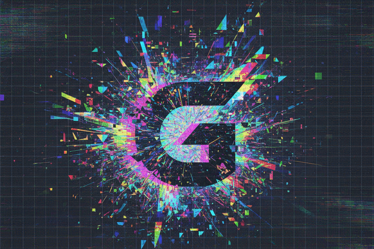 뒤틀린 PNG 로고가 파편화된 픽셀과 생생한 색상 왜곡으로 분해되는 글리치 아트.