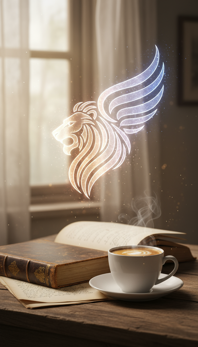 커피와 책이 있는 정물화에 떠다니는 영롱한 PNG 로고가 하이라이트로 작용합니다.