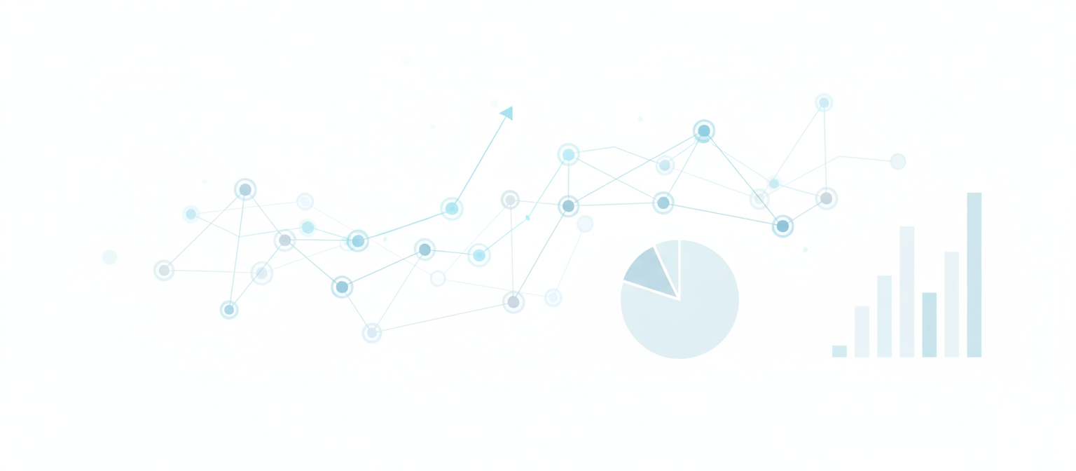 연결된 노드와 미묘한 데이터 시각화 도형들이 깨끗한 흰색 배경 위에 있는 추상적인 인포그래픽 요소 배경.
