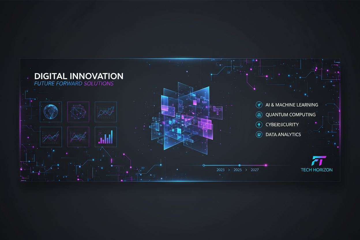 어두운 배경에 빛나는 회로 기판 패턴과 네온 악센트가 있는 미래형 기술 PPT 템플릿.