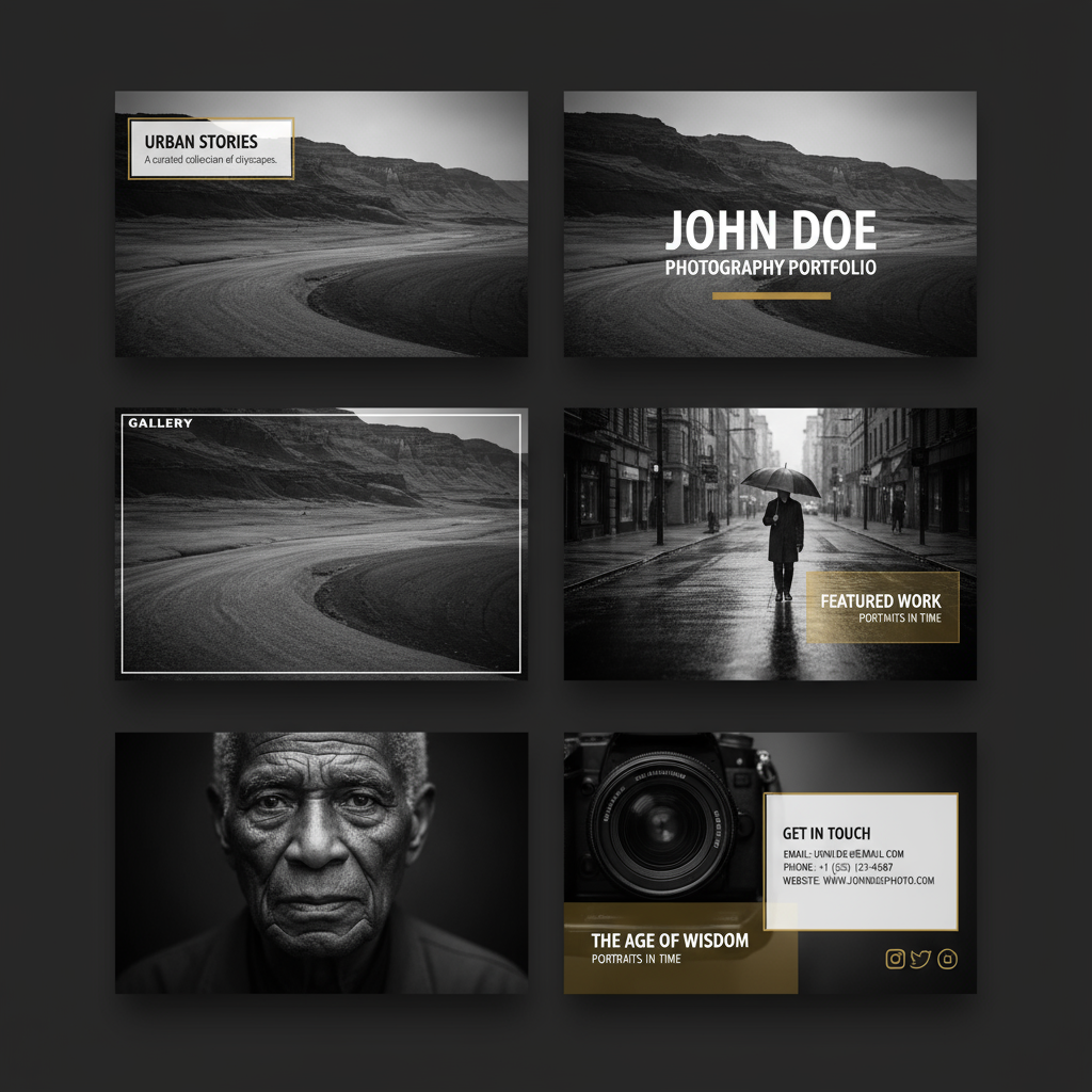 전체 이미지 섹션과 깔끔한 텍스트 오버레이가 있는 사진 포트폴리오 PPT 템플릿.