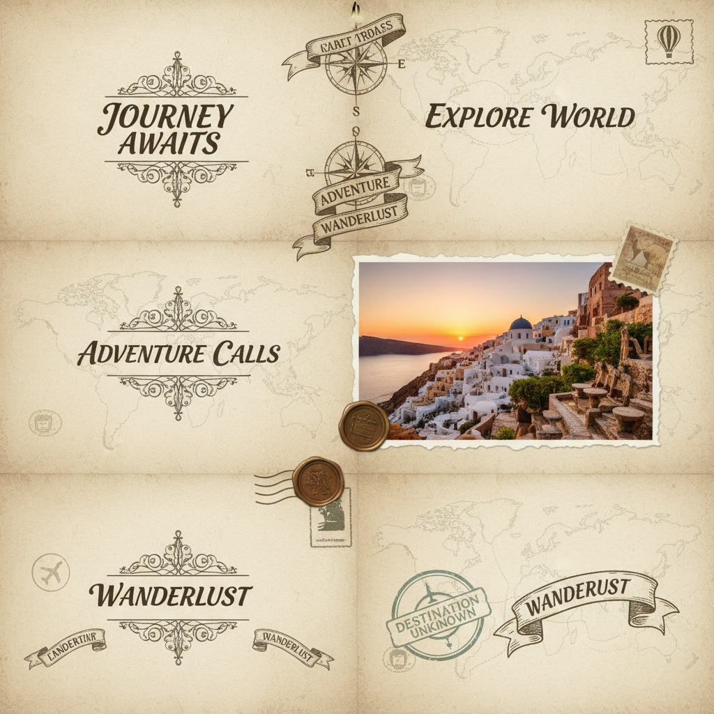 빈티지 엽서 미학과 차분한 세피아 톤이 있는 여행 모험 PPT 템플릿.