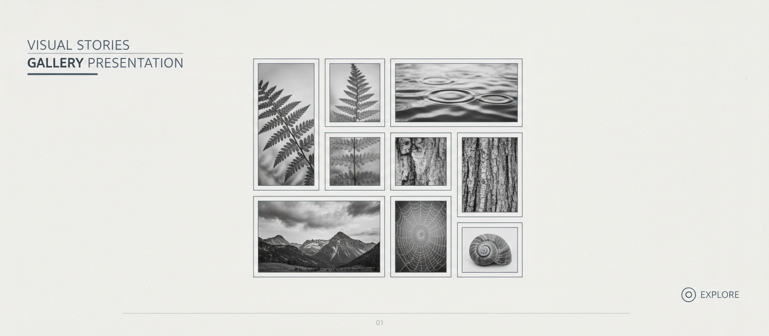 여러 이미지를 조화롭게 표시하며 최소한의 텍스트가 있는 간단한 사진 그리드 PPT 템플릿