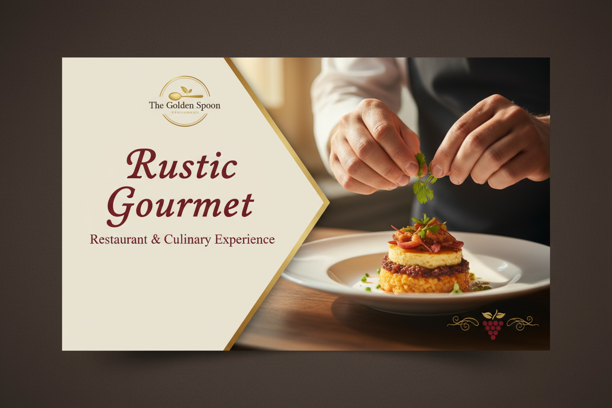 따뜻한 소박한 색상, 요리 사진, 우아한 스크립트 글꼴이 있는 고급 음식 PPT 템플릿.