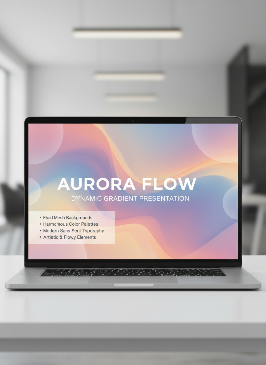 부드러운 색상 전환과 현대적인 산세리프 서체가 있는 유체 그라디언트 메시 PPT 템플릿.