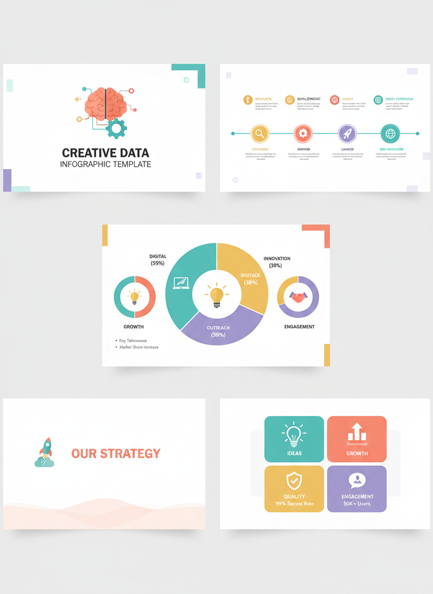 원형 다이어그램, 타임라인 및 밝은 색상을 특징으로 하는 창의적인 인포그래픽 PPT 템플릿