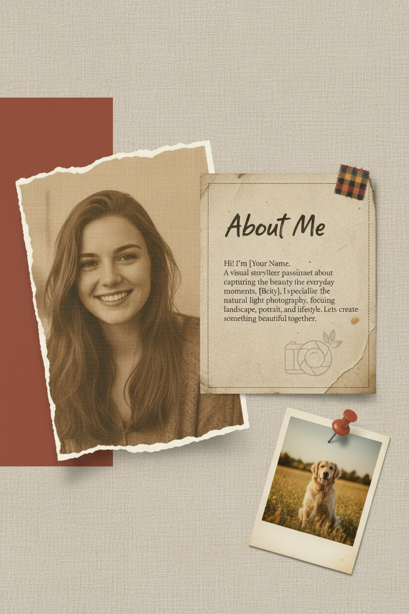 콜라주 스타일 레이아웃과 따뜻하고 차분한 색상이 있는 크리에이티브 포트폴리오 PPT 템플릿.