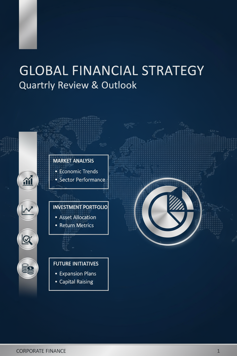 깊은 남색과 은색 색상 팔레트에 미묘한 세계 지도 오버레이가 있는 정교한 기업 금융 PPT 템플릿.