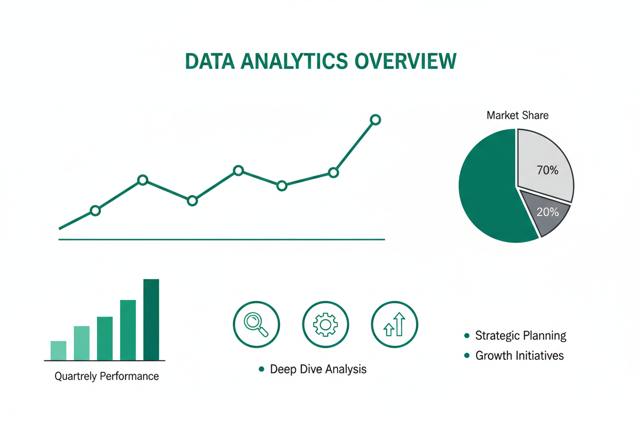 인포그래픽 스타일 차트와 에메랄드 그린 악센트가 있는 데이터 분석 PPT 템플릿.