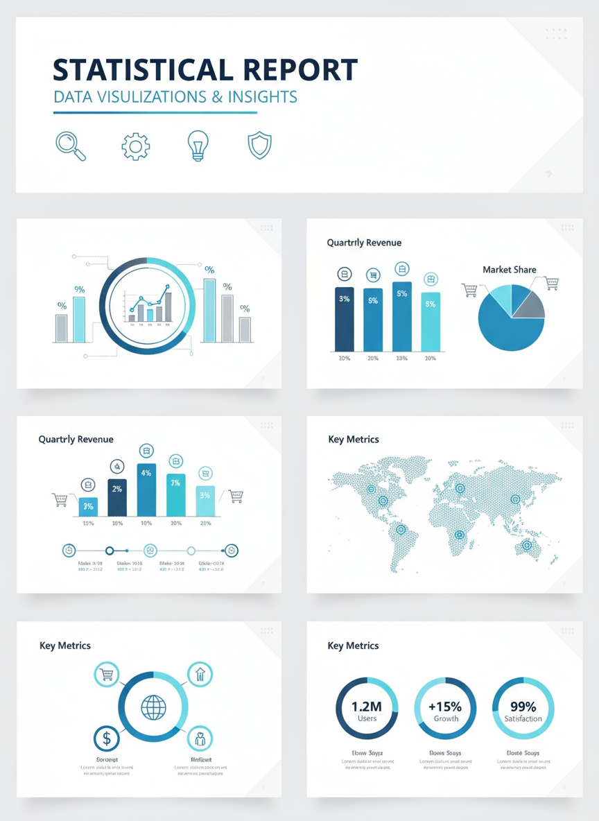 다양한 차트와 데이터 시각화가 포함된 깔끔한 인포그래픽 프레젠테이션 템플릿.
