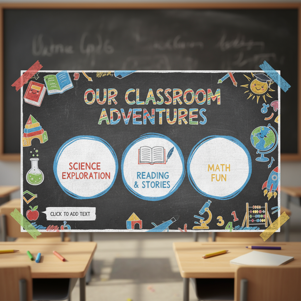 손으로 그린 요소와 밝은 색상이 있는 칠판 스타일의 교육용 PPT 템플릿.