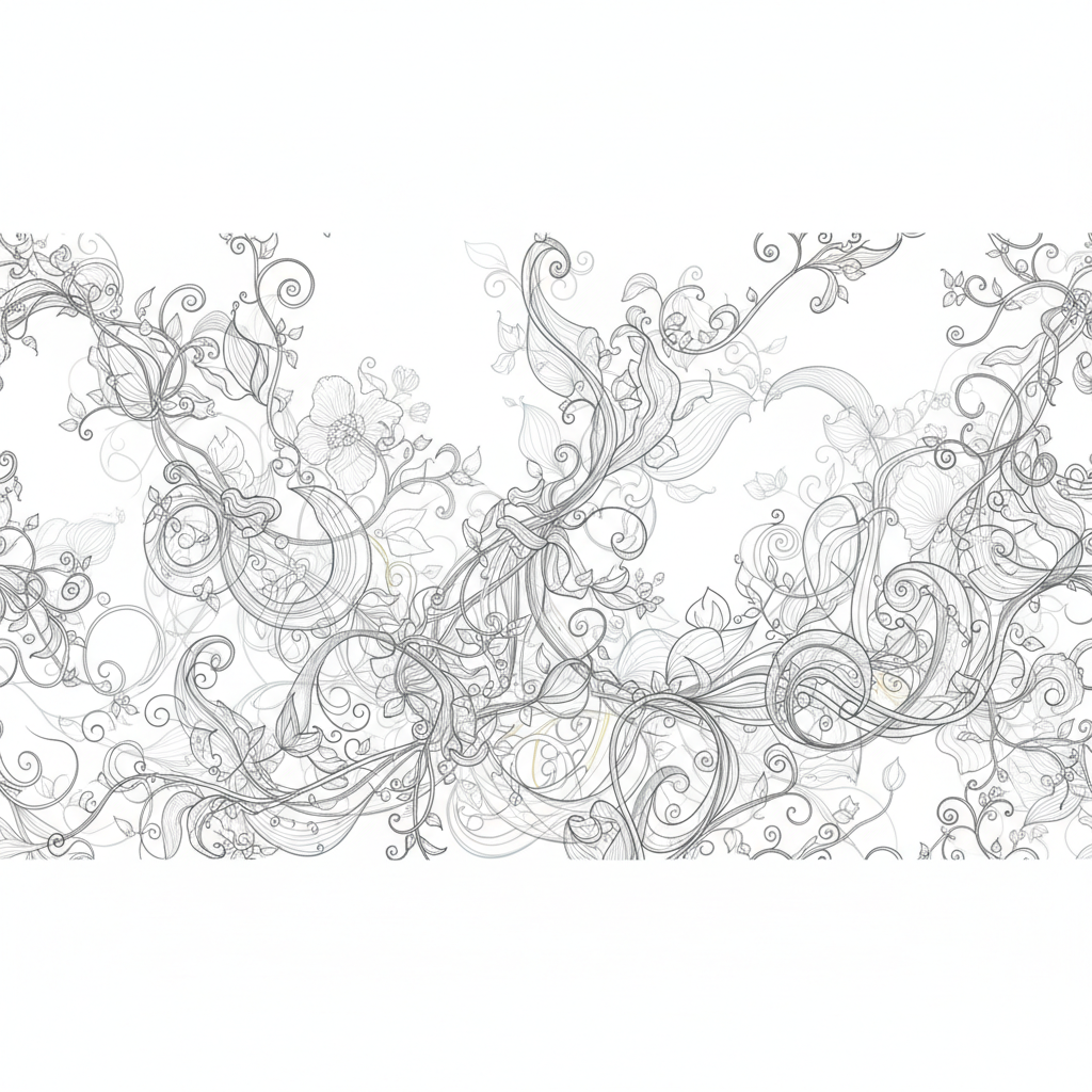 깔끔한 흰색 배경에 복잡하고 섬세한 추상 유기체 형태의 라인 아트 일러스트레이션이 있는 창의적인 PPT 표지.