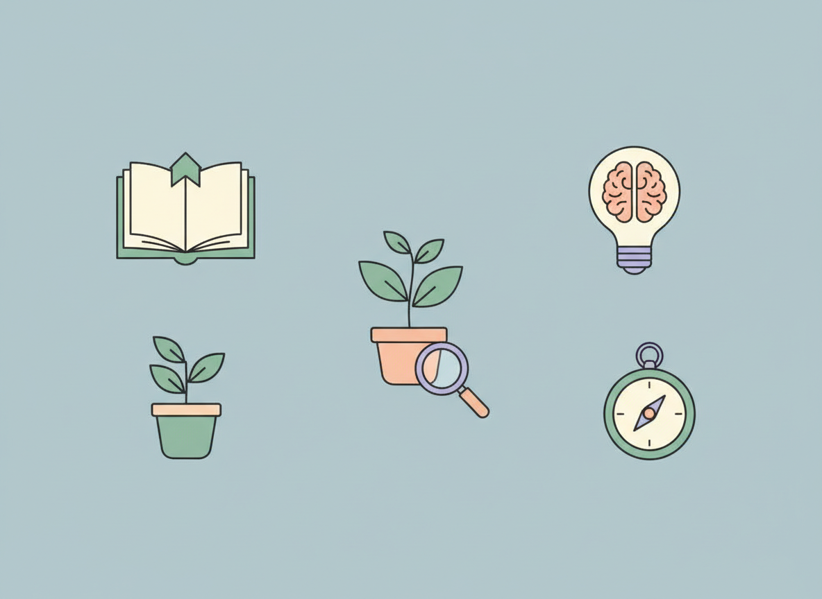 학습, 성장, 발견과 관련된 미니멀리스트 플랫 디자인 아이콘들이 파스텔 블루 배경에 배치된 교육용 PPT 표지.