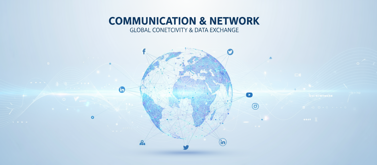 상호 연결된 네트워크 노드와 선으로 구성된 통신 테마 PPT 표지.