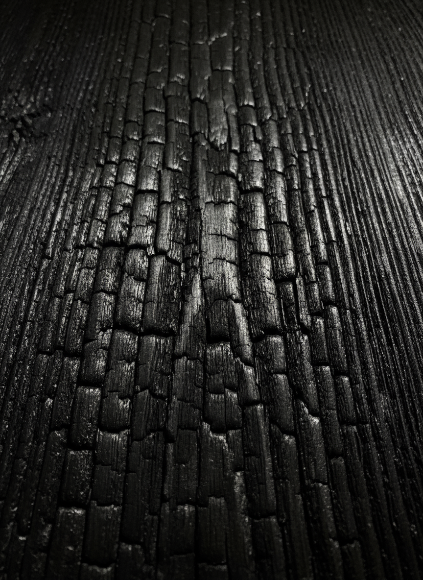 쇼우 스기 반) 스타일의 불에 탄 나무 질감, 깊게 그을린 검은 표면에 뚜렷한 나뭇결 구조가 보이는 독특한 어둡고 극적인 미학, 촉각적, 강한 대비.