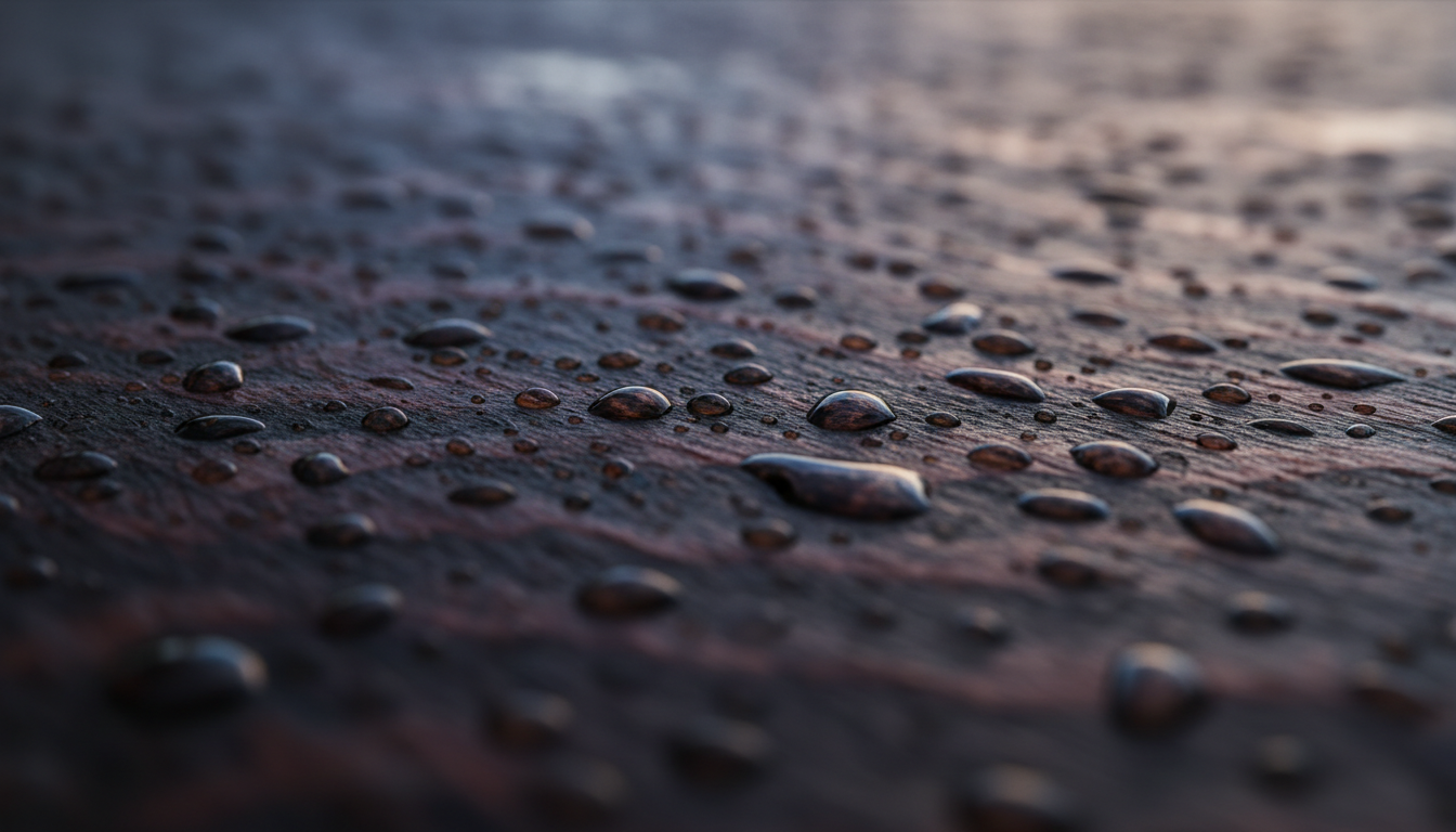 어두운 스테인드 오크 표면에 반짝이는 빗방울이 맺힌 젖은 나무 질감, 하늘의 선명한 반사, 익스트림 매크로 샷, 침울하고 분위기 있는.