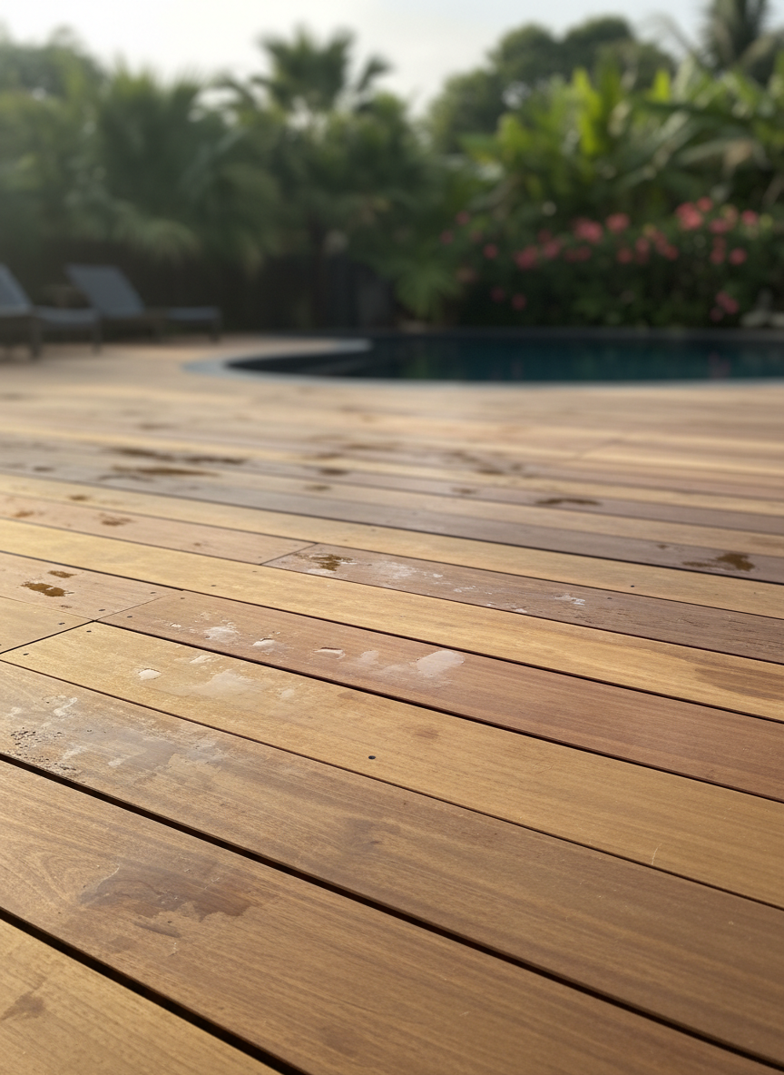 비에 살짝 젖은 넓은 수평 판자로 된 티크 나무 데크 질감, 부드러운 늦은 오후 그림자가 있는 열대 리조트 분위기.
