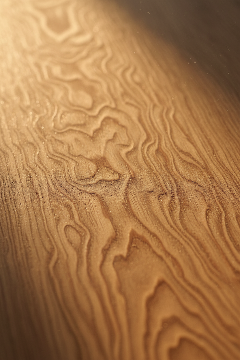 따뜻한 햇살에 비친 자연스러운 오크나무 나이테의 섬세한 패턴과 질감을 보여주는 클로즈업 사진.