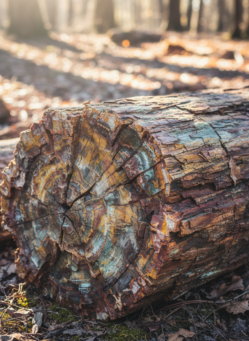 돌 같은 모습과 화석화된 패턴을 가진 규화목 질감이 야외 자연광에서 촬영됨.