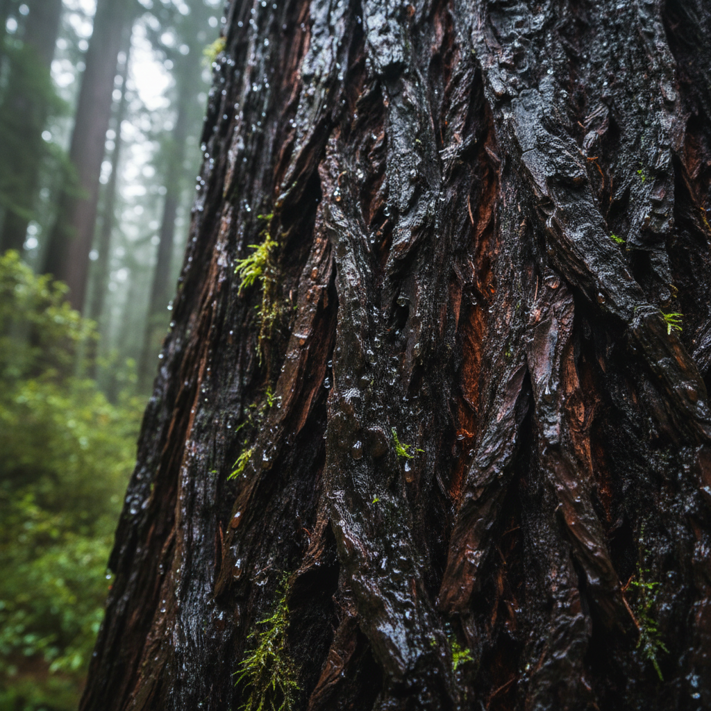 비에 젖은 오래된 삼나무 껍질 질감.