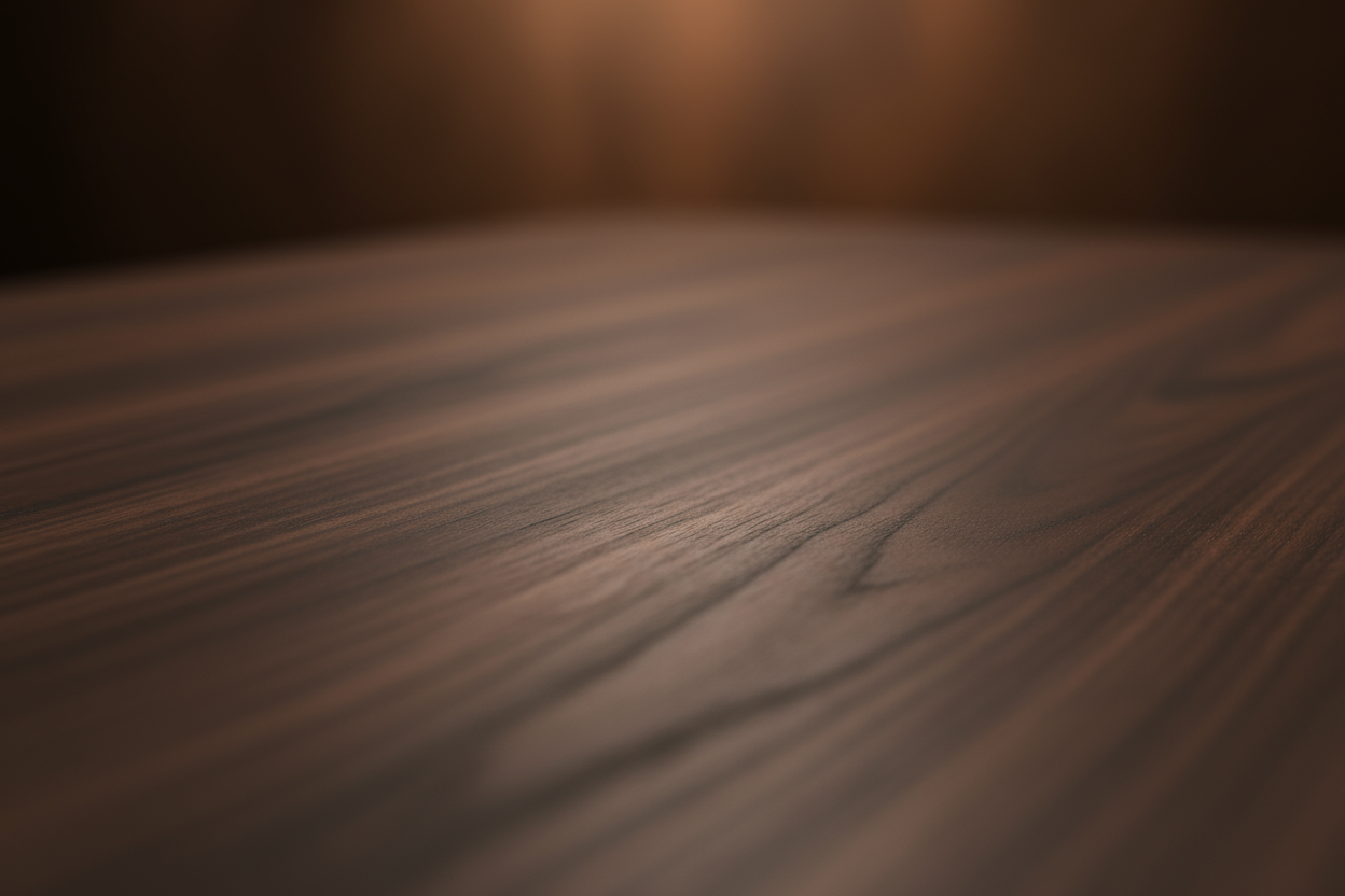 미묘한 자연스러운 광택을 가진 부드럽고 고급스러운 짙은 호두나무 질감이 얕은 피사계 심도로 촬영됨.