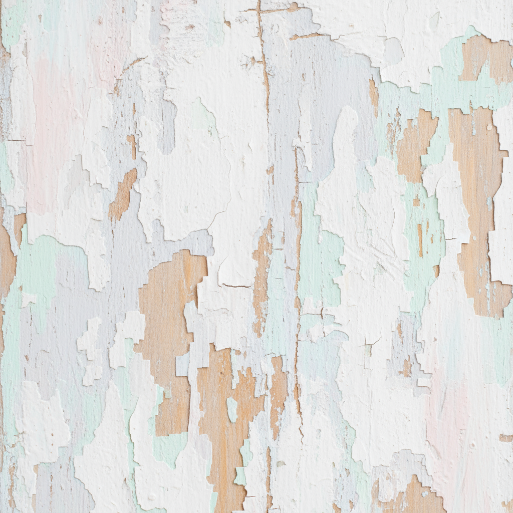 벗겨진 흰색과 옅은 회색 페인트 층 아래로 천연 나무가 드러나는 낡은 나무 질감, 셰비 시크 스타일, 은은한 파스텔 악센트.