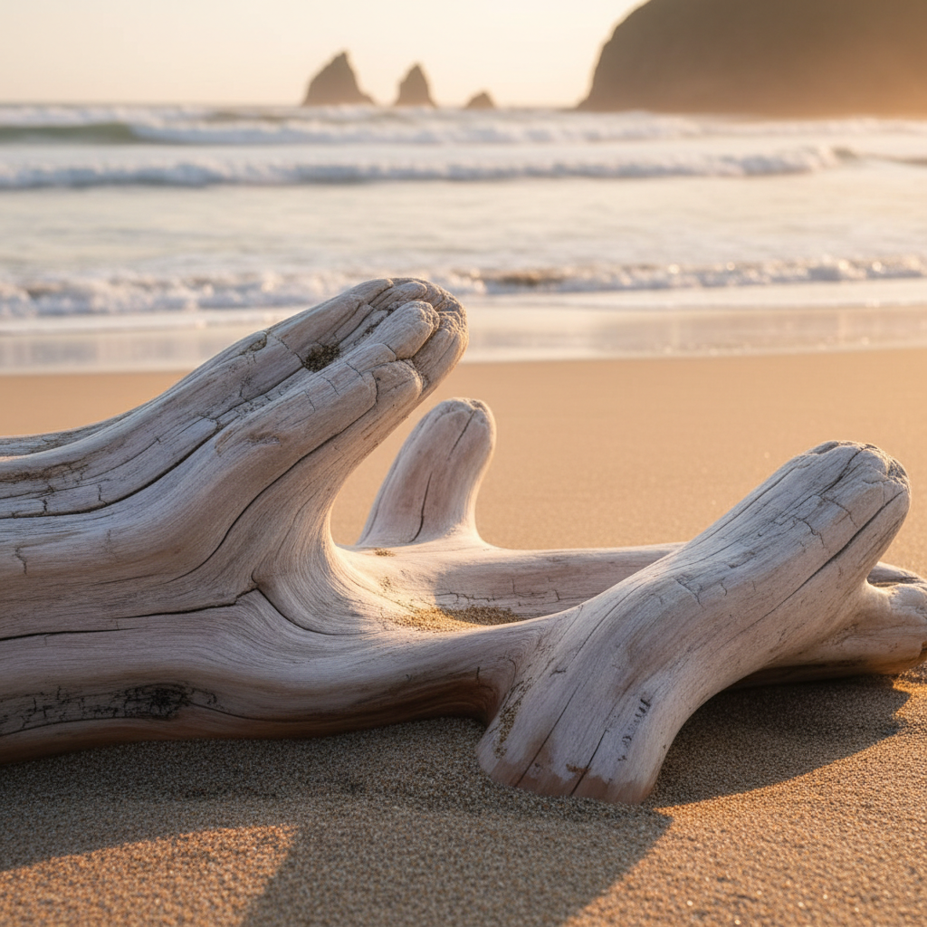 햇빛에 바래고 해류에 매끄러워진 표류목 질감, 독특한 조각 형태를 모래 해변을 배경으로 보여줌, 골든 아워 조명.