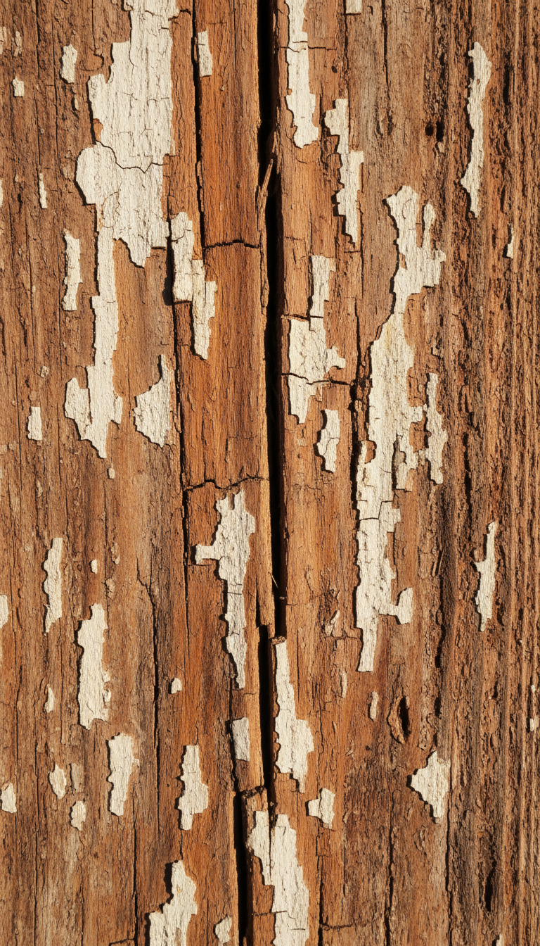 갈라진 틈과 벗겨진 흰색 페인트로 풍화된 헛간 나무 질감으로, 따뜻한 자연광 아래에서 소박한 느낌을 줍니다.