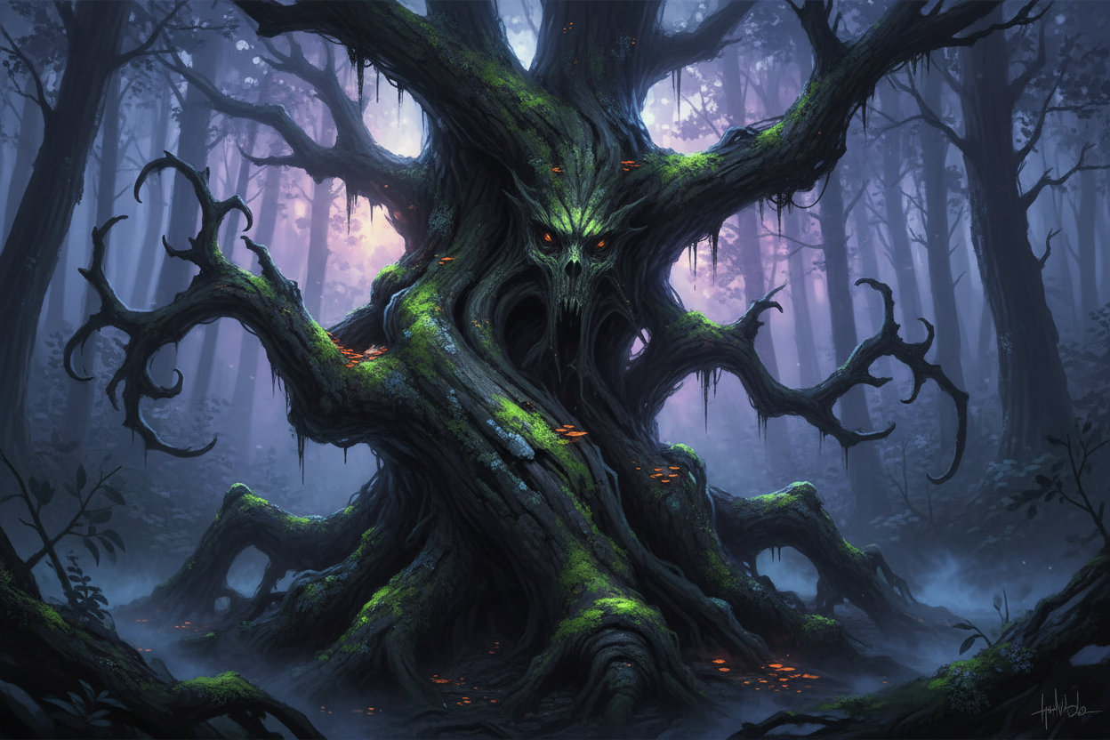 고대 나무껍질의 어둡고 불길한 뒤틀린 나무 질감, 생생한 녹색 이끼와 지의류로 덮여 있음, 황혼 조명의 침울한 숲 분위기, 판타지 스타일.