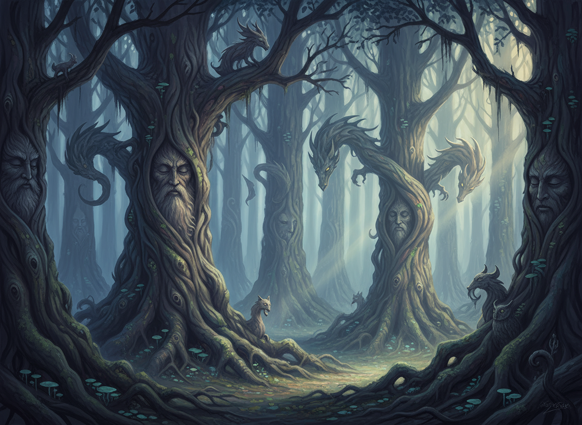 나뭇결 속에 숨겨진 얼굴이 있는 초현실적인 나무 질감.