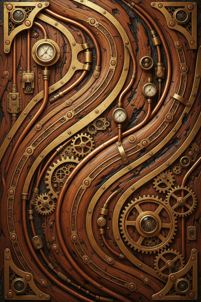 황동 부품과 톱니바퀴가 통합된 스팀펑크 나무 질감.