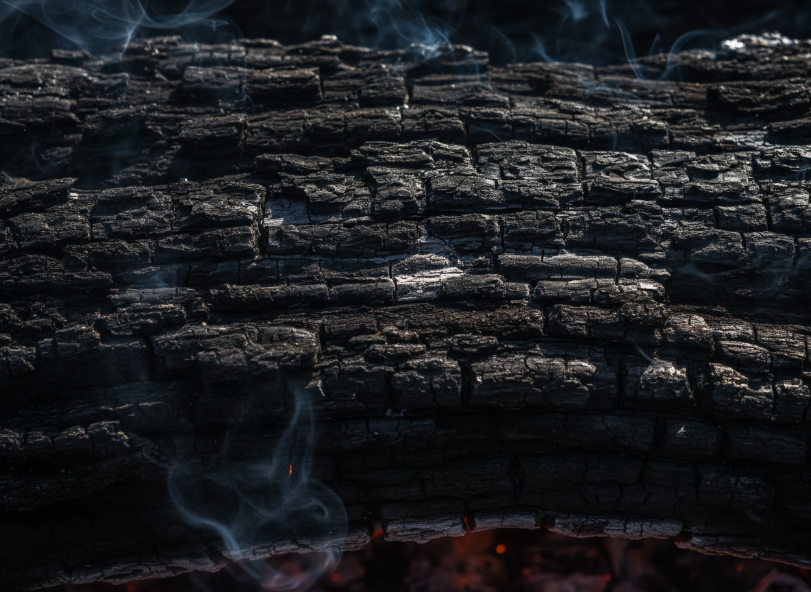 일부 나이테 흔적이 여전히 보이는, 불에 탄 검게 그을린 나무 질감의 드라마틱하고 고대비 이미지.