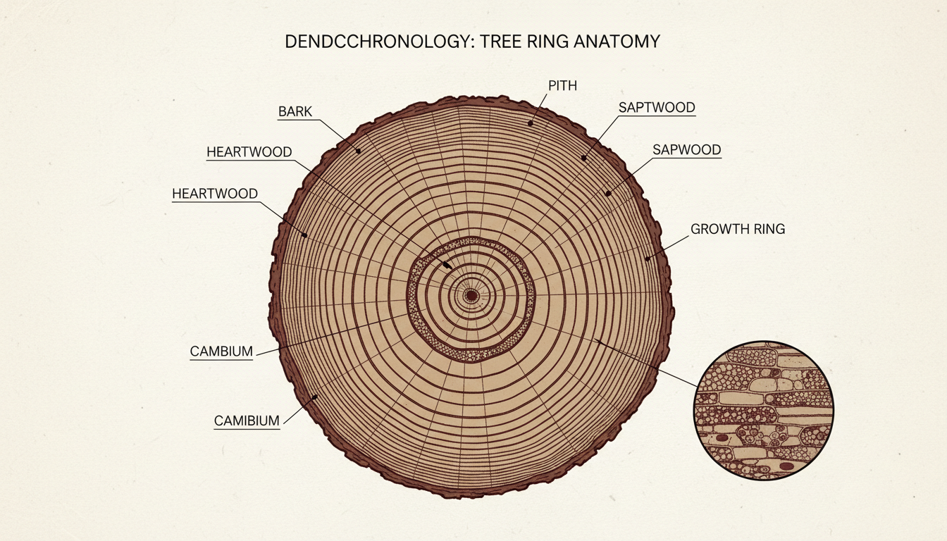 복잡한 성장 고리를 명확하게 보여주는 나무 줄기 단면의 고해상도 사진으로, 과학 일러스트 스타일.
