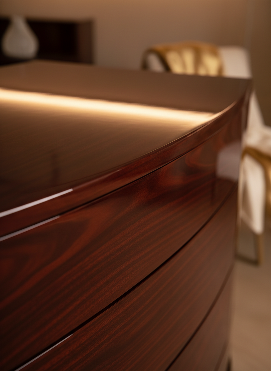 고광택 래커 처리된 마호가니 나무 질감.