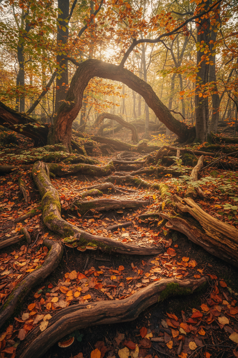 낙엽, 썩어가는 통나무, 드러난 나무뿌리로 덮인 울창한 숲 바닥의 원경, 다양한 유기적 나무 질감, 생생한 가을 색, 부드러운 여과된 햇빛.