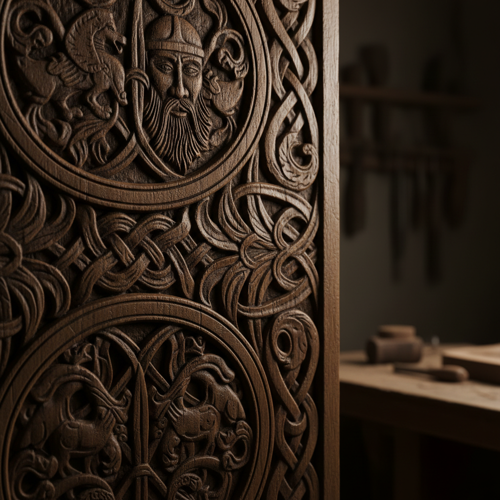 정교하게 손으로 조각된 복잡한 나무 조각 질감, 깊은 그림자.